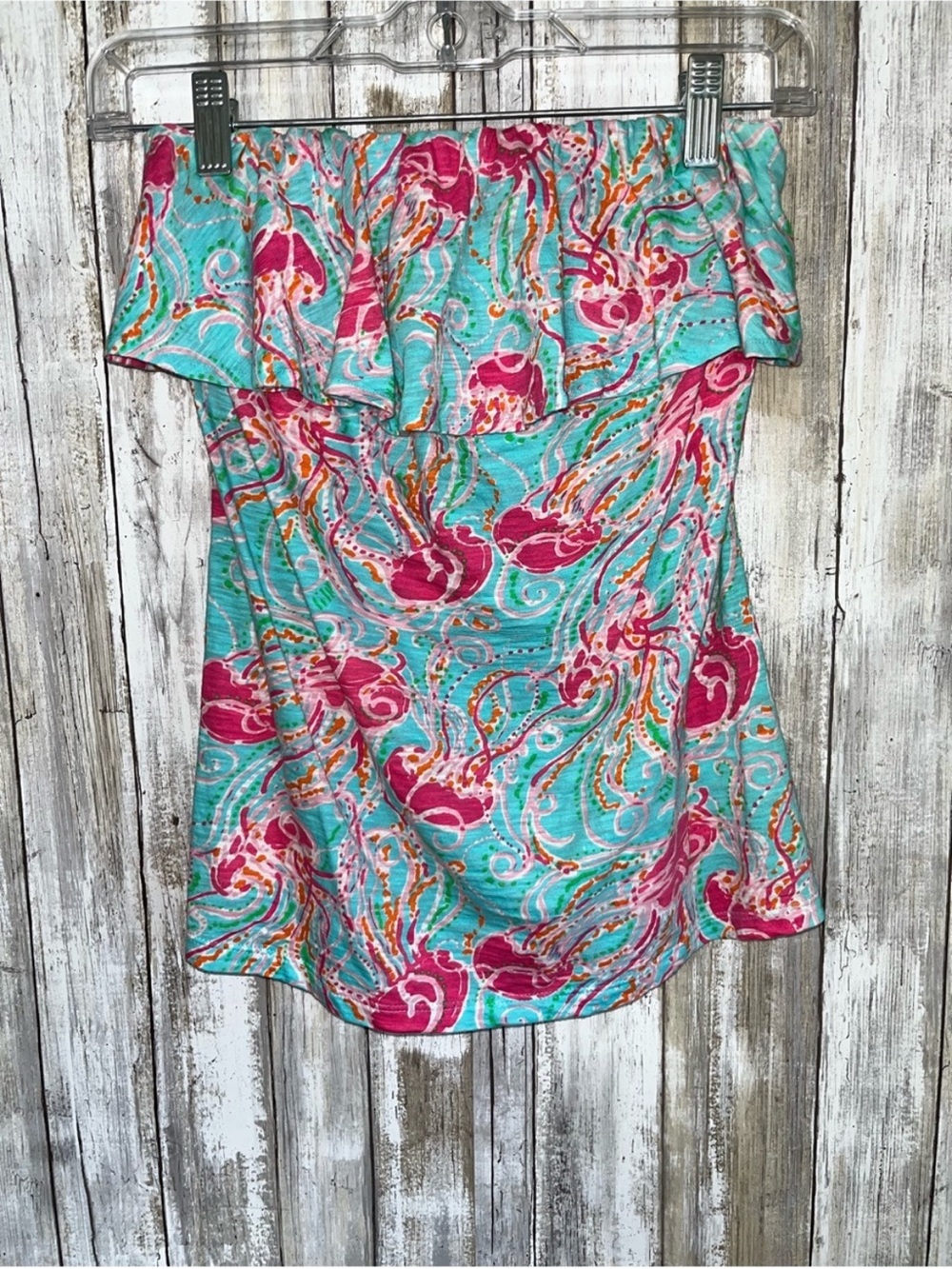 Lilly Pulitzer “Jellies Be Jammin” Strapless Ruffle Tube Top S Pink Blue Cotton - Picture 3 of 7